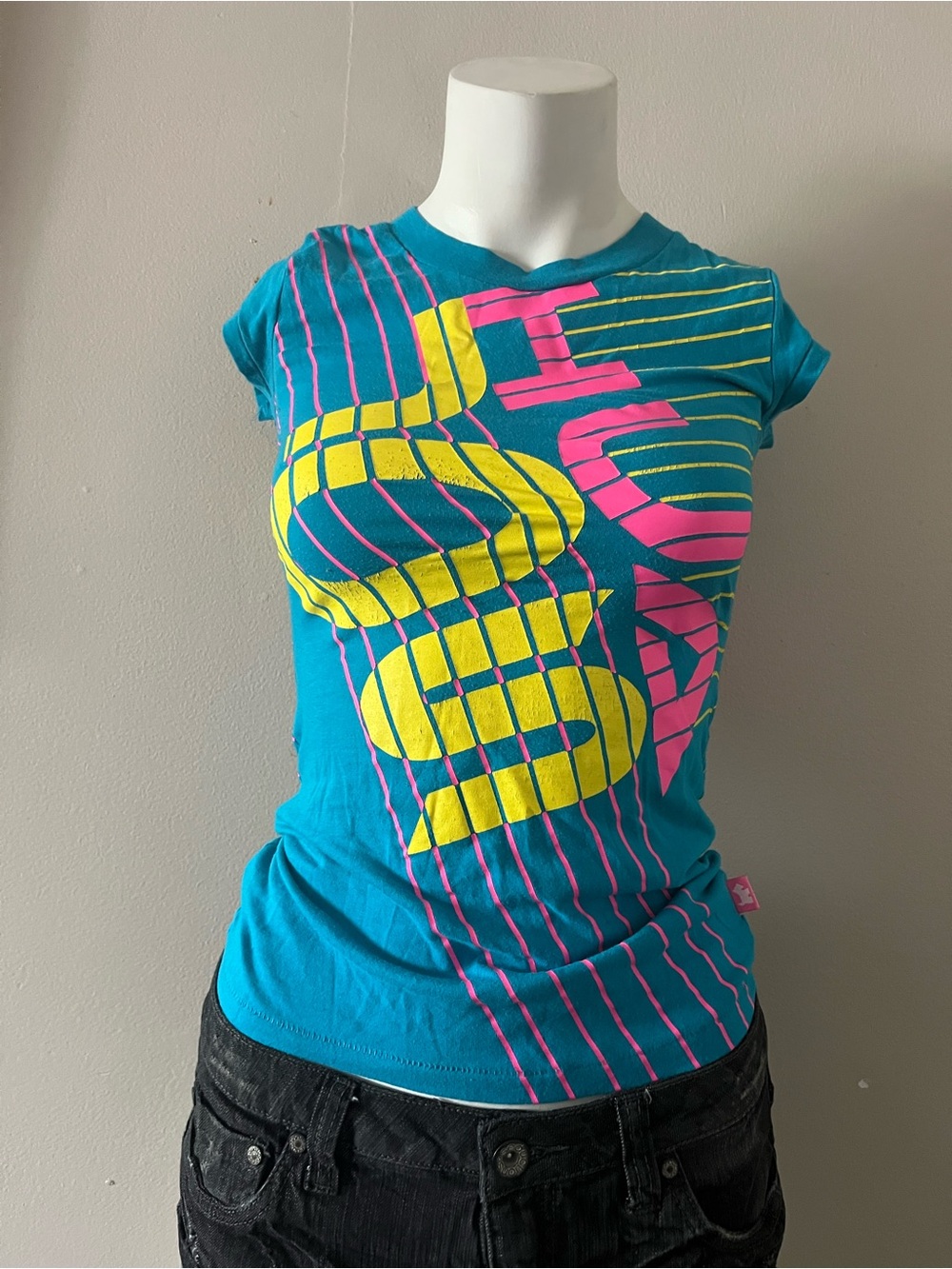 Women's Teal Graphic Cap-Sleeve Tee with Neon Yellow & Pink Print